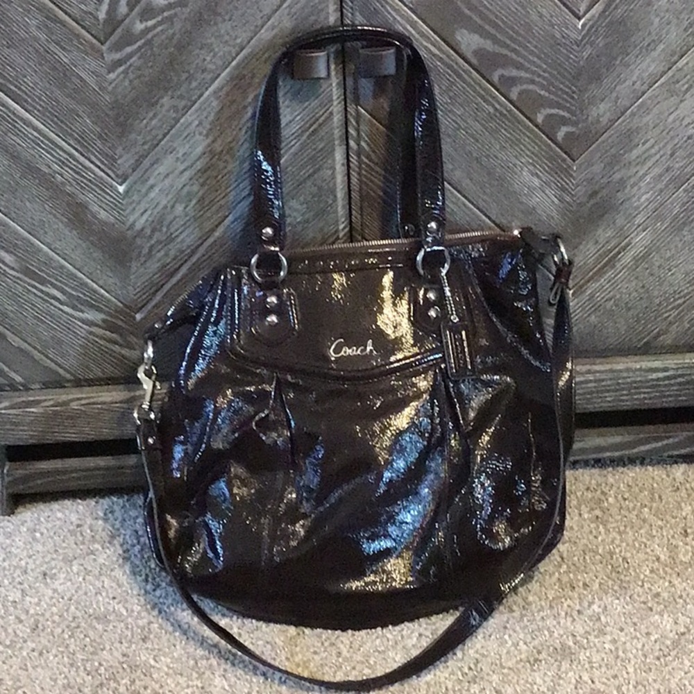 Authentic Coach Patent leather Handbag Ashley Satchel Tote bag 20451, mahogany